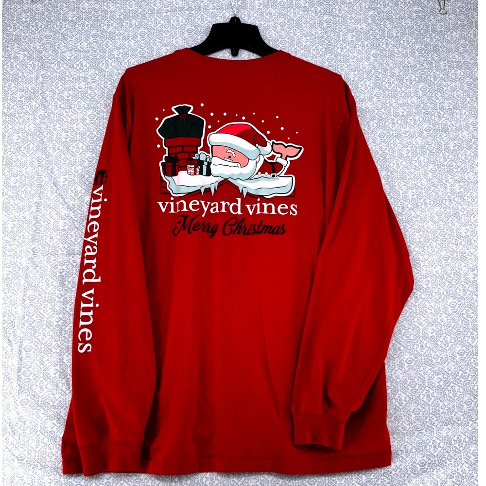 Vineyard Vines Mens XL Red Santa Whale Long Sleeve Pocket T-Shirt Christmas